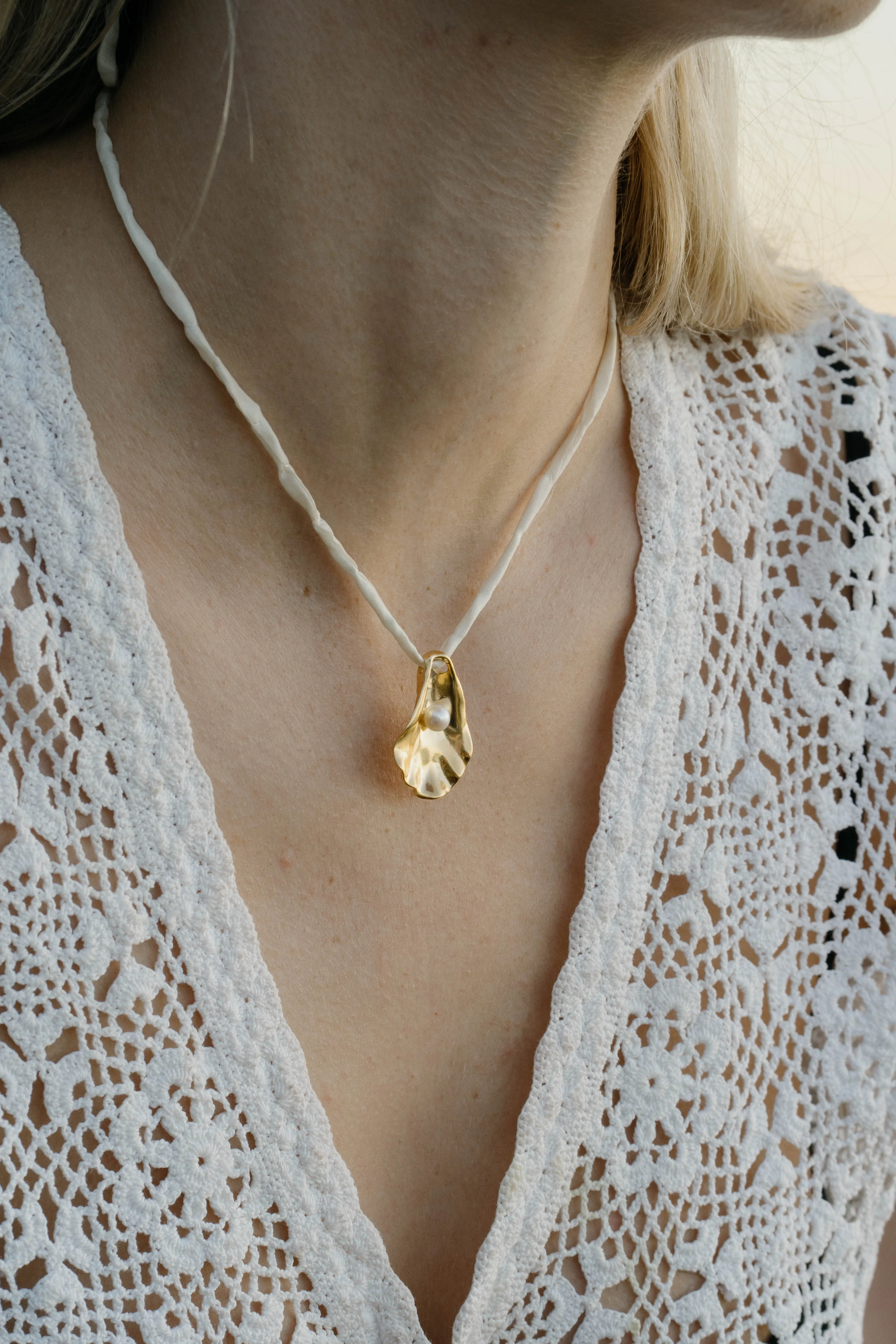 Oyster Shell Necklace on Raw Silk sold by Kara Yoo product image thumbnail 2