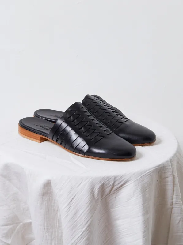 Leather Woven Slides in Black sold by Atelier Delphine