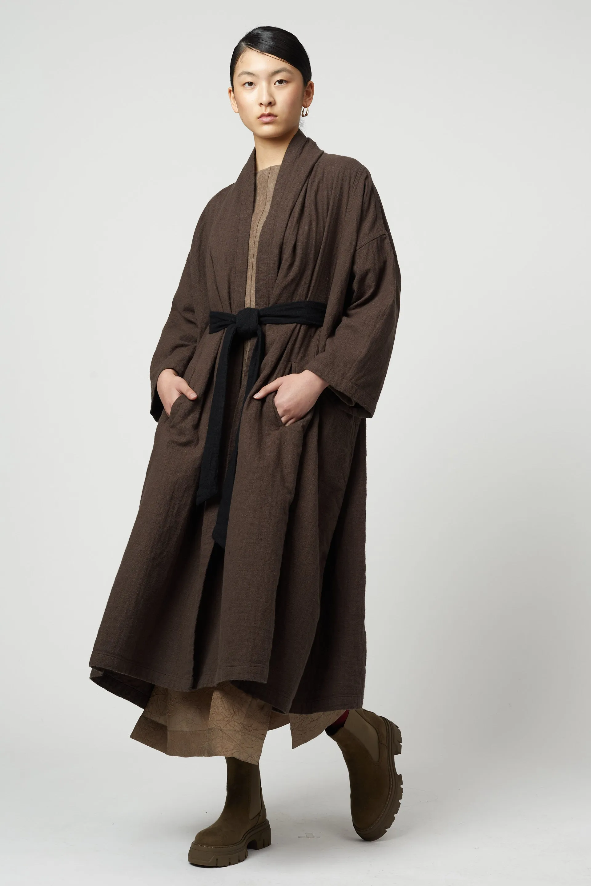 Belted Long Haori Coat in Double Layer Gauze sold by Atelier Delphine