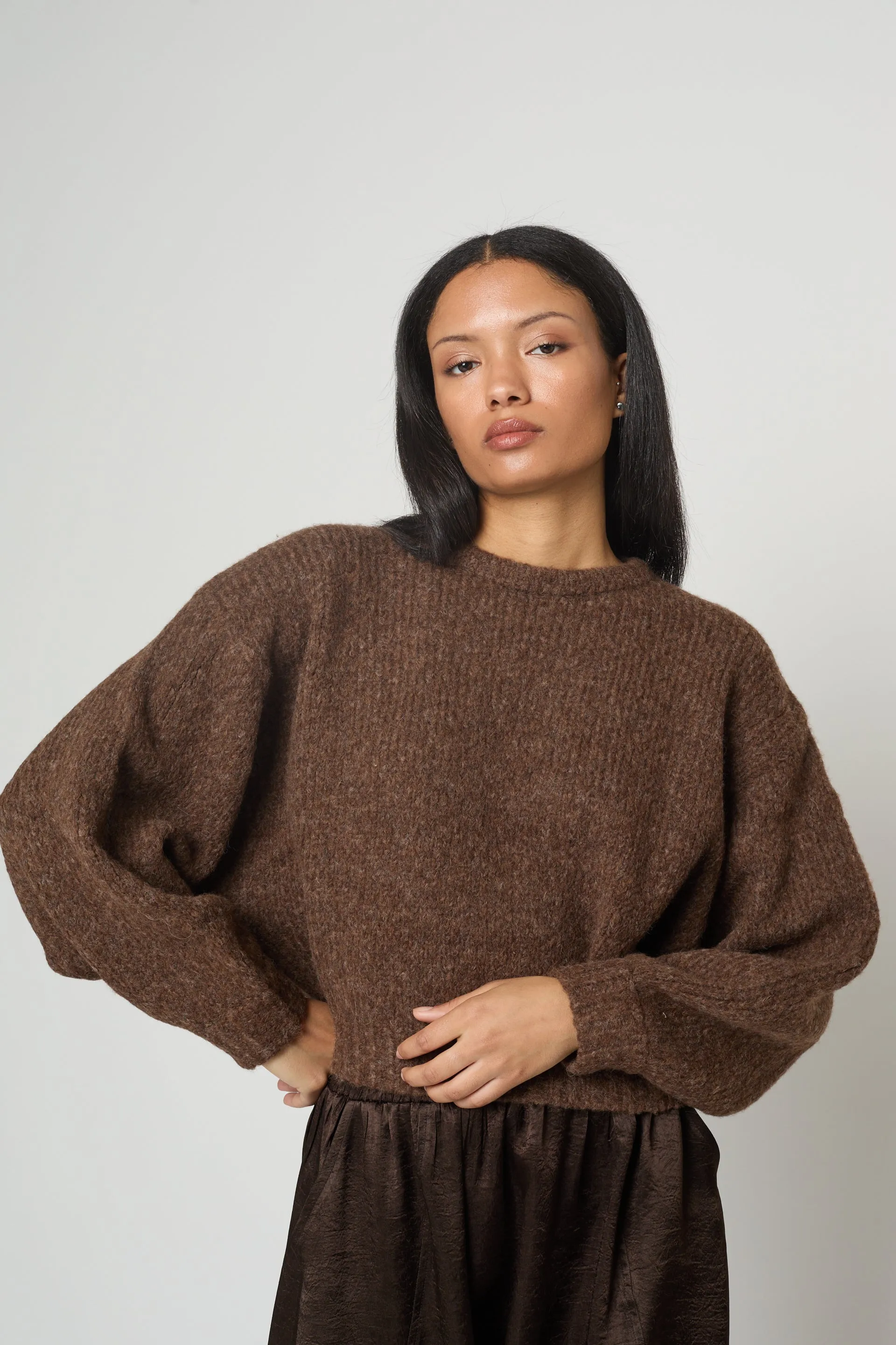 Balloon Sleeve Sweater in Supreme Alpaca (Chocolate Brown and Washed Denim) sold by Atelier Delphine product image thumbnail 3