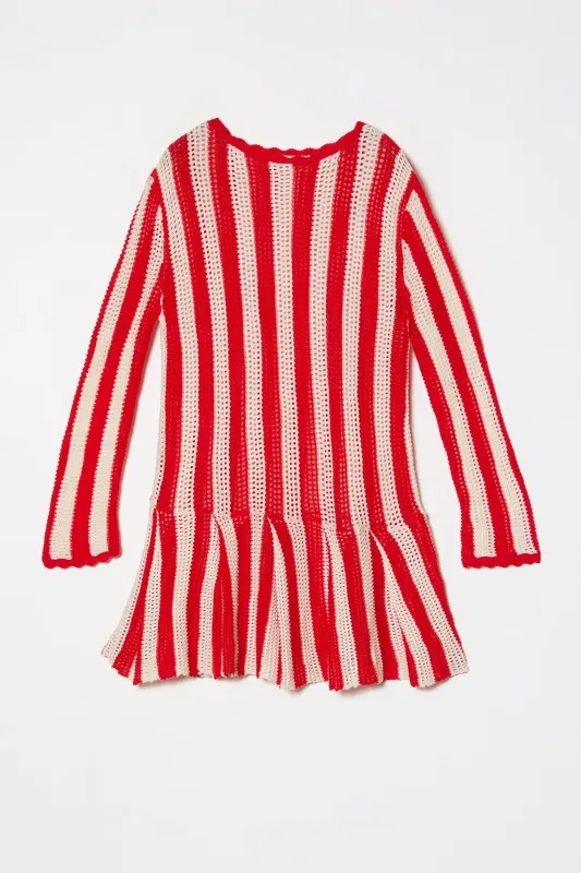 Frida Dress in Openwork Knit - Red and White made by Atelier Delphine