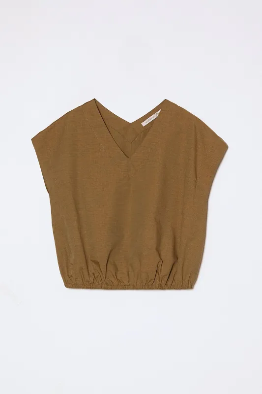 V Neck Danielle Top in Grain Poplin - Mustard made by Atelier Delphine