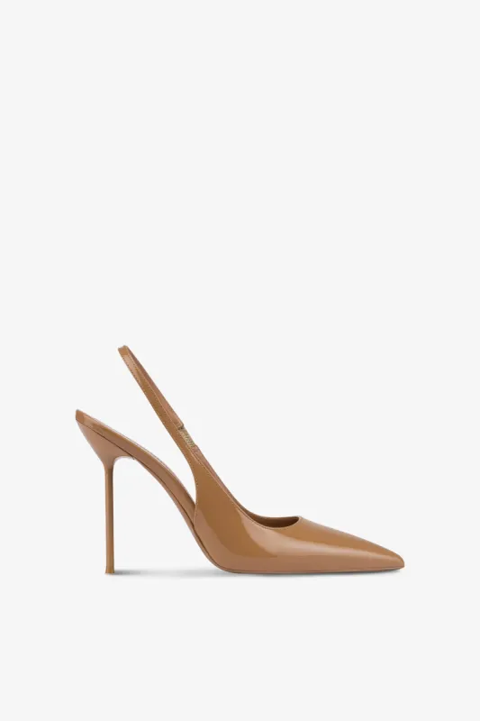 Slingbacks in caramel patent leather sold by Paris Texas
