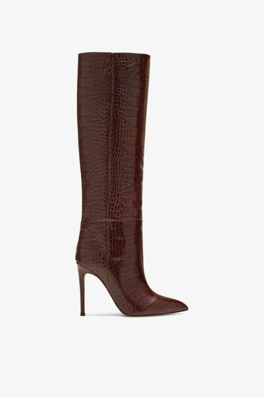 Chocolate brown croc-effect leather stiletto boots sold by Paris Texas