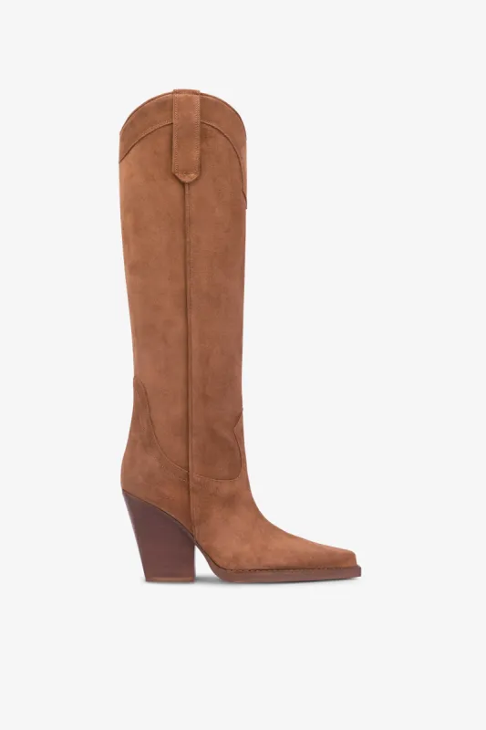 Pointed knee-high boots in smooth dark brown leather made by Paris Texas
