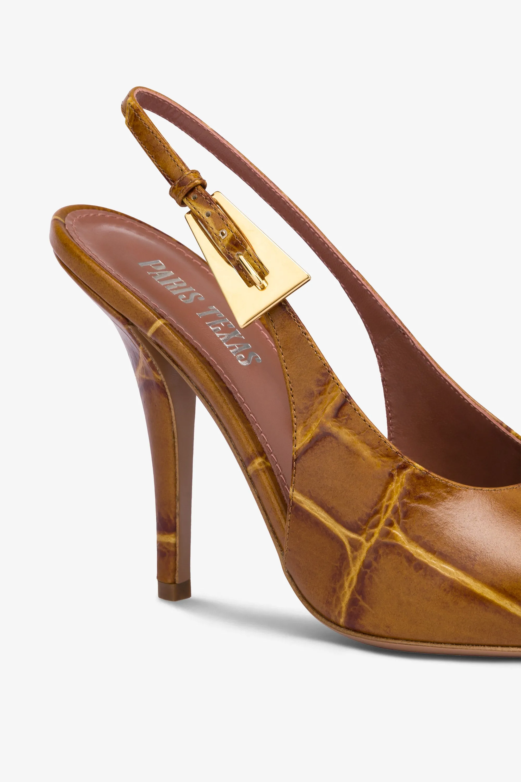 Sharp, pointed slingback pumps in capim soft croco-embossed leather sold by Paris Texas product image thumbnail 5