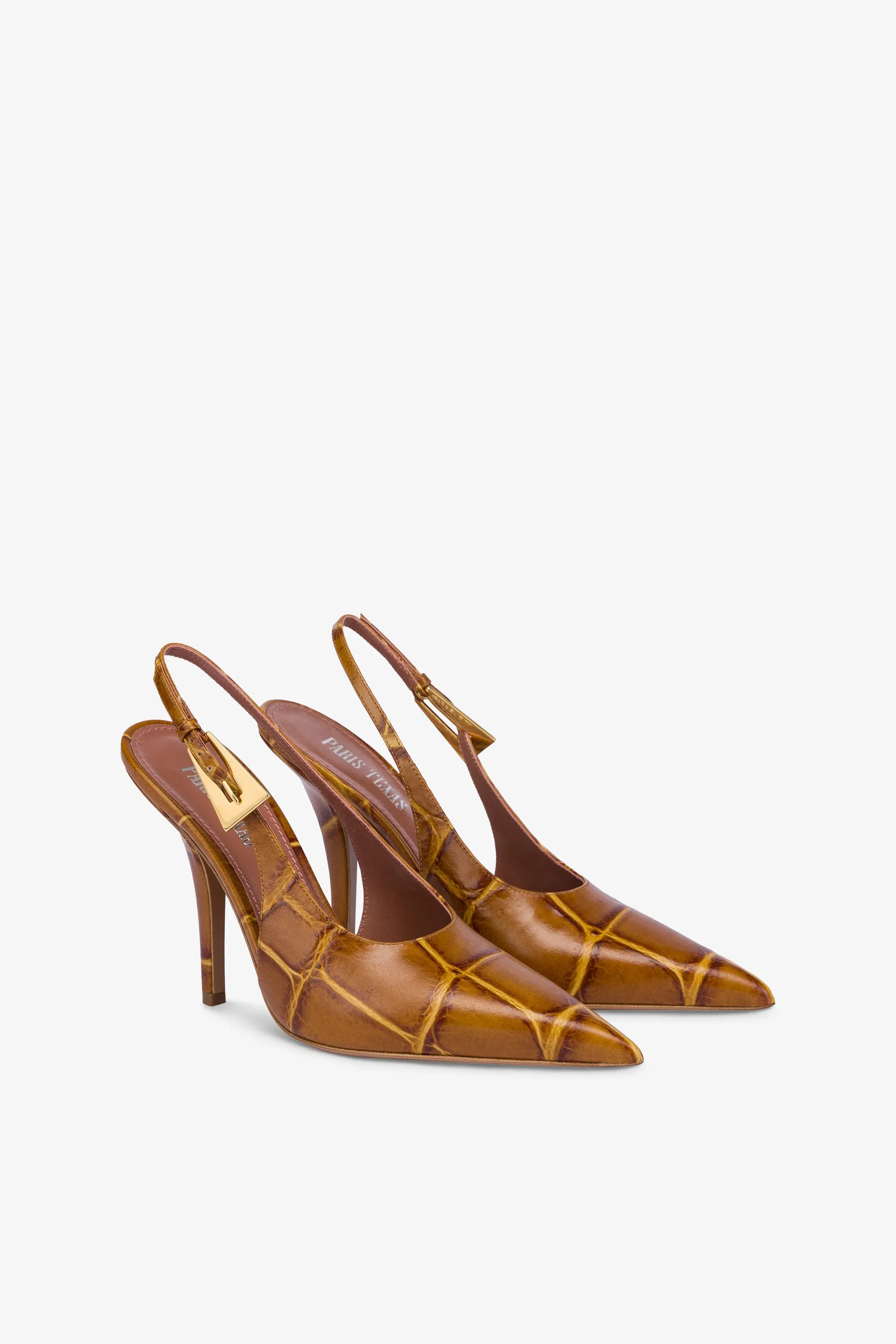 Sharp, pointed slingback pumps in capim soft croco-embossed leather sold by Paris Texas product image thumbnail 2
