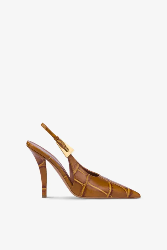 Sharp, pointed slingback pumps in capim soft croco-embossed leather sold by Paris Texas