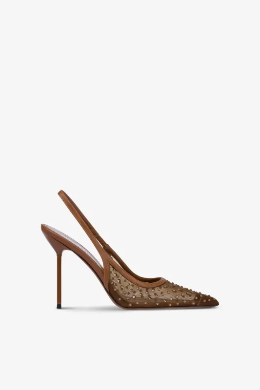 Slingbacks in brown and crystal mesh sold by Paris Texas