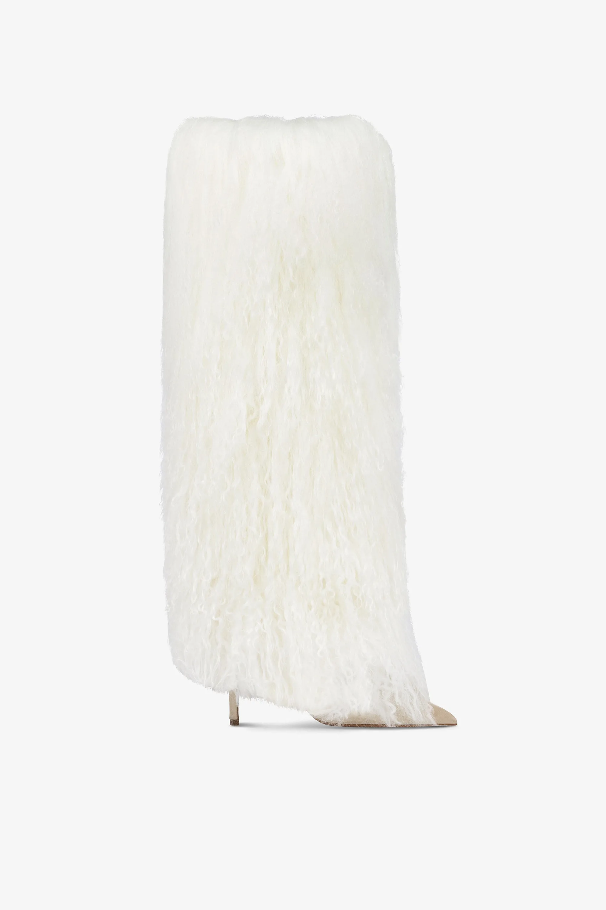 White mongolian fur stiletto boots sold by Paris Texas