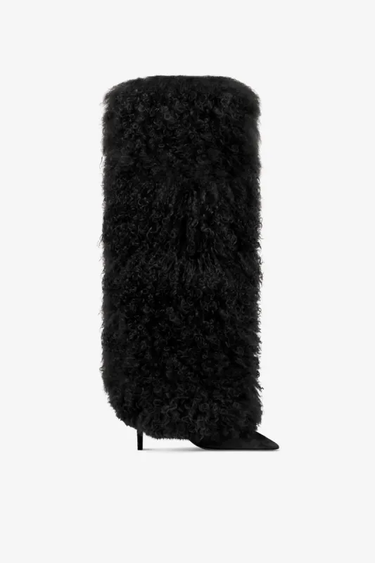 Black mongolian fur stiletto boots sold by Paris Texas