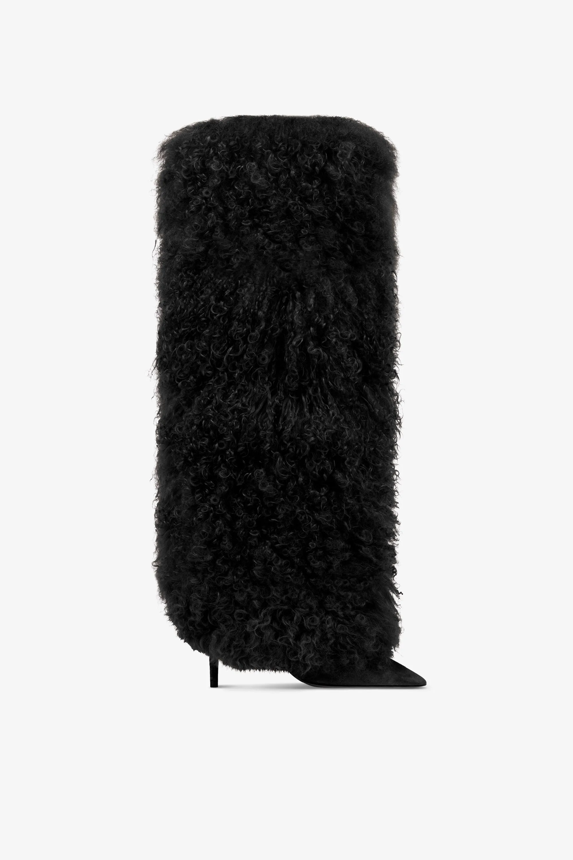 Black mongolian fur stiletto boots sold by Paris Texas