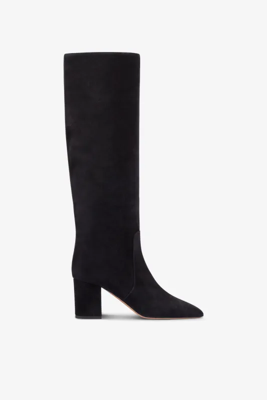 Knee-high boots in soft off-black suede leather sold by Paris Texas