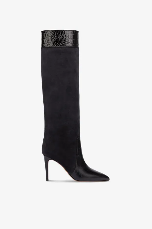 Long, pointed boots in black and off-black croco-embossed and suede sold by Paris Texas