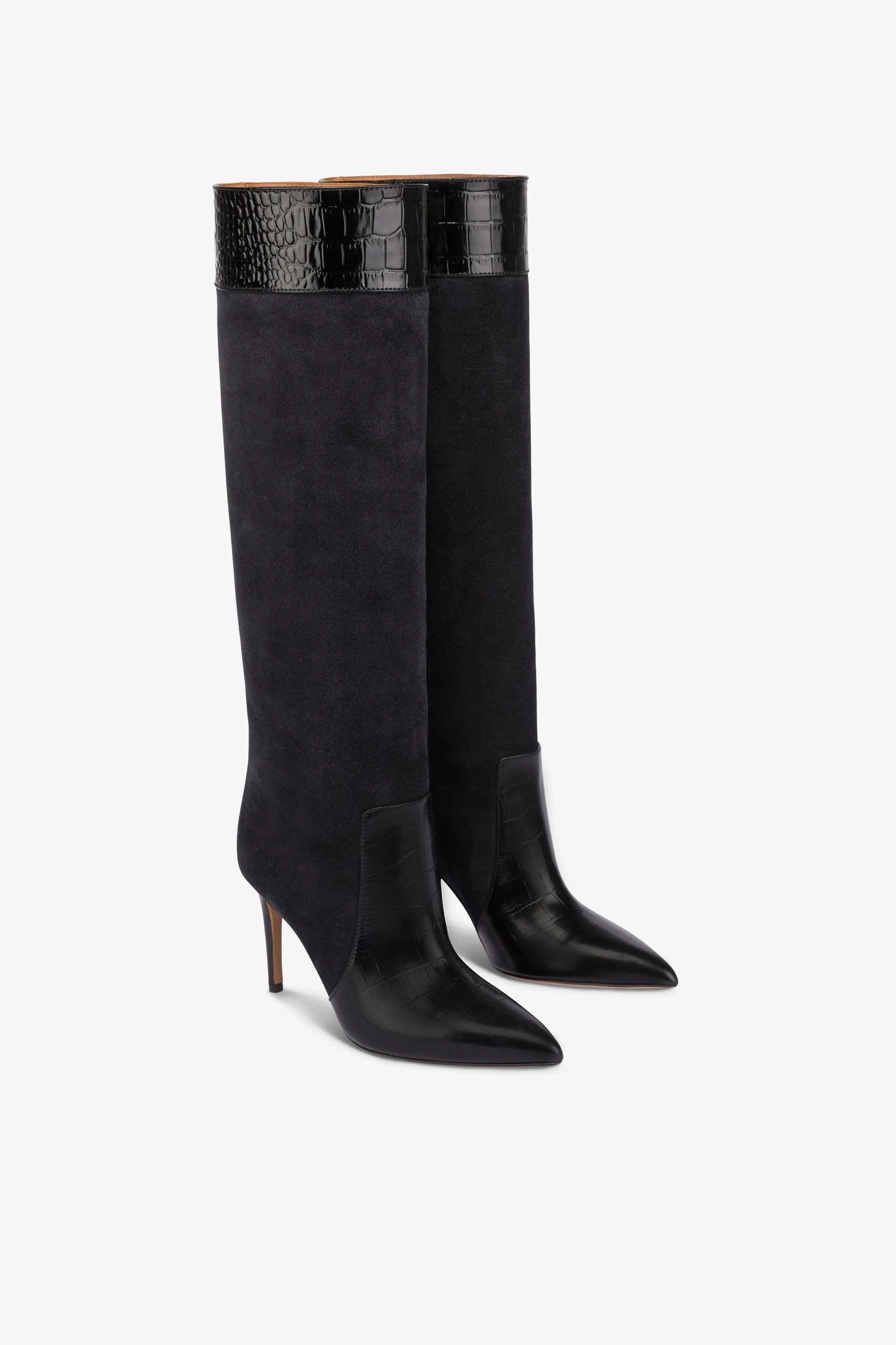 Long, pointed boots in black and off-black croco-embossed and suede sold by Paris Texas product image thumbnail 2
