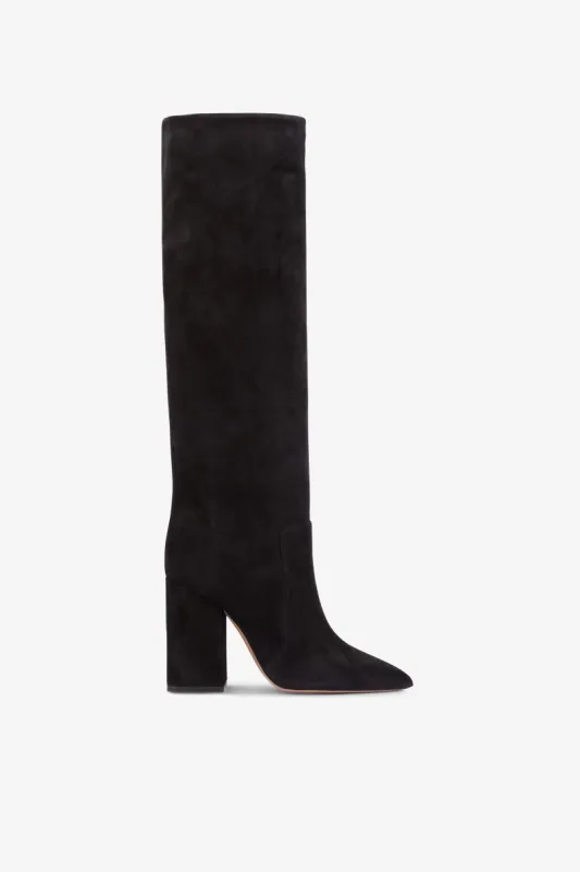 Knee-high boots in soft off-black suede leather sold by Paris Texas