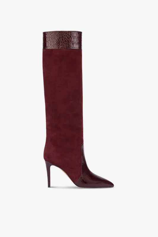 Long, pointed boots in rouge noir and Kenya croco-embossed and suede sold by Paris Texas