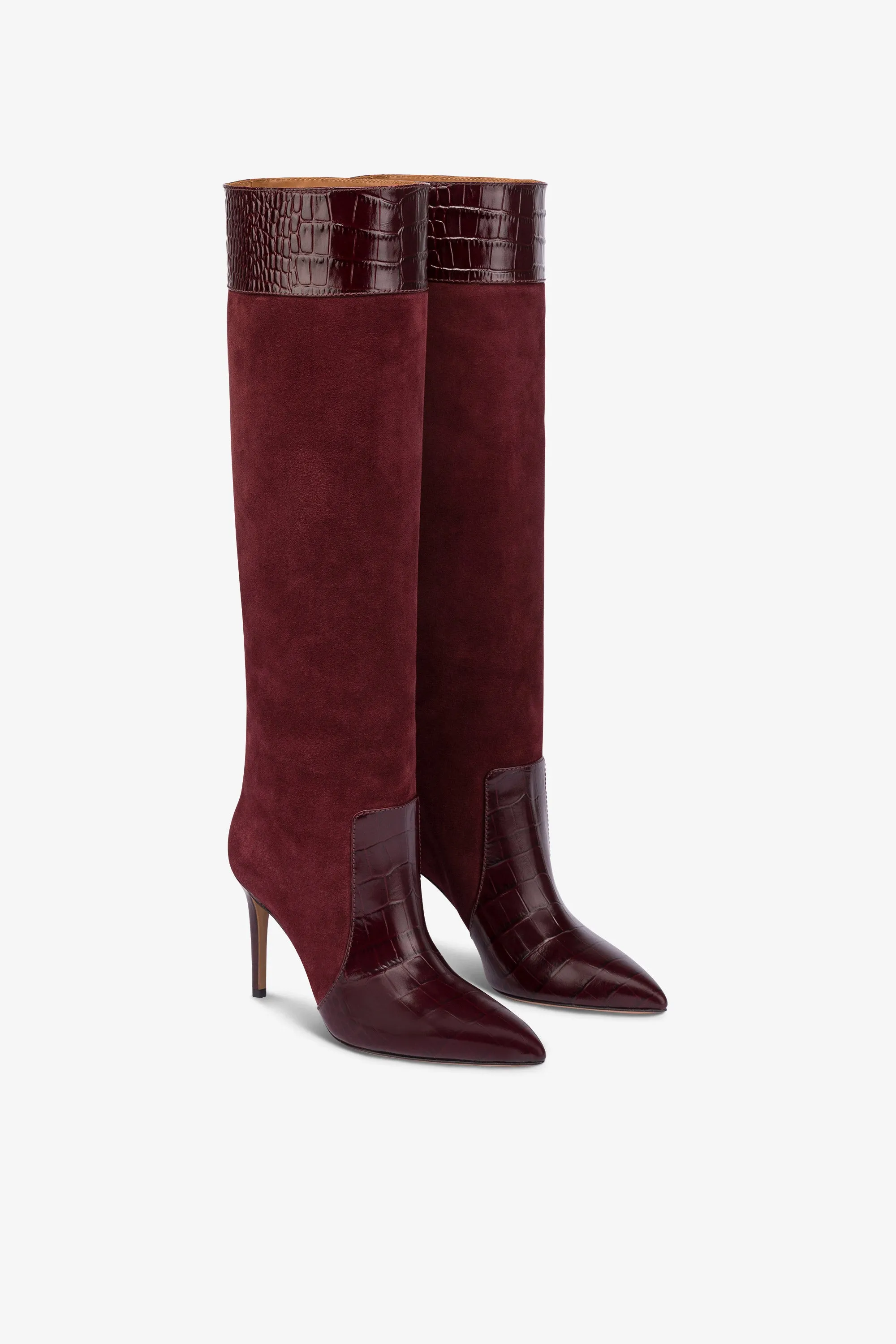 Long, pointed boots in rouge noir and Kenya croco-embossed and suede sold by Paris Texas product image thumbnail 2
