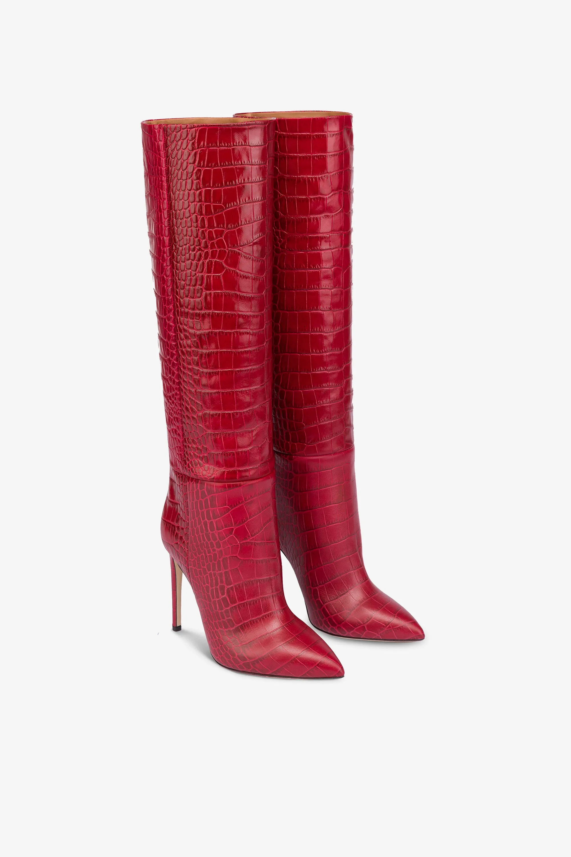 Pointed knee-high boots in red soft croco-embossed leather sold by Paris Texas product image thumbnail 2