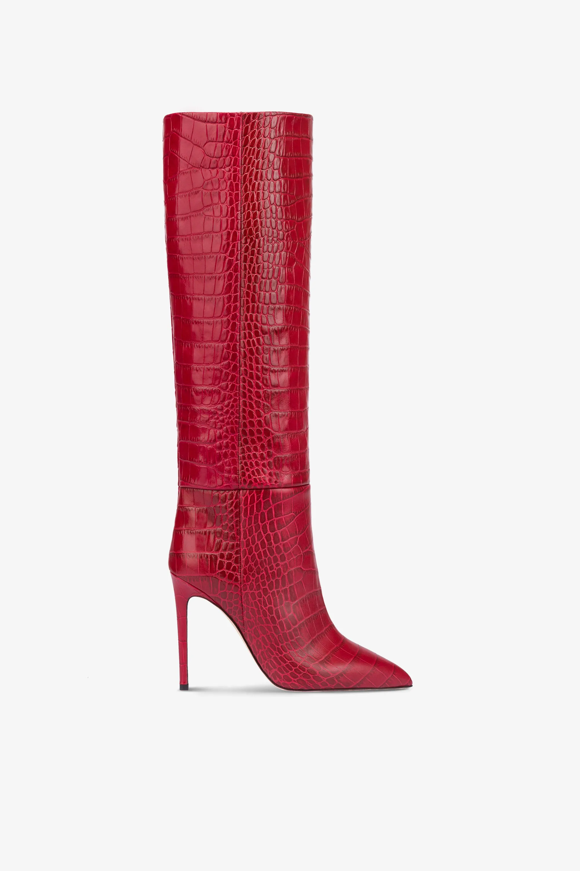 Pointed knee-high boots in red soft croco-embossed leather sold by Paris Texas
