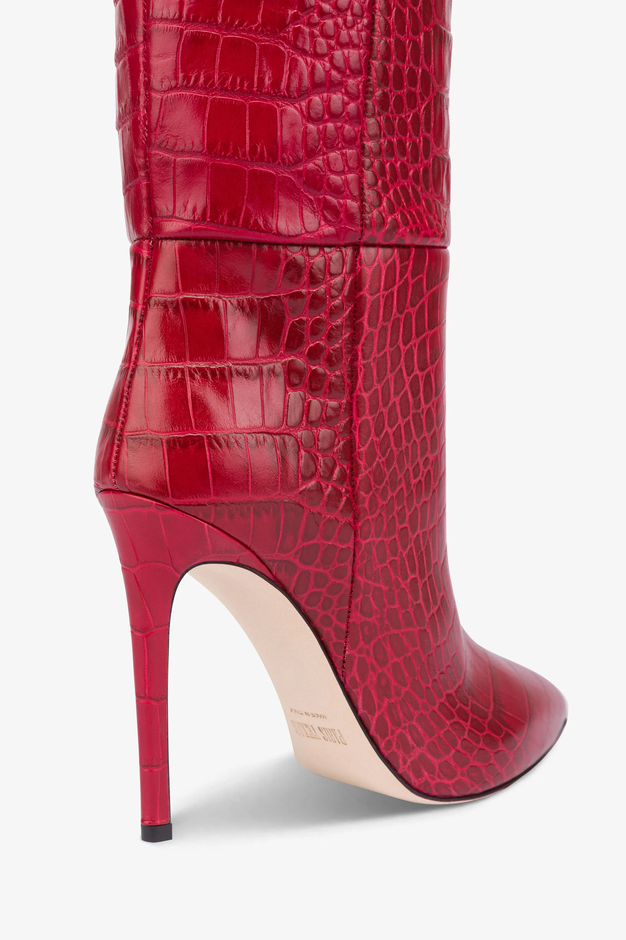 Pointed knee-high boots in red soft croco-embossed leather sold by Paris Texas product image thumbnail 5