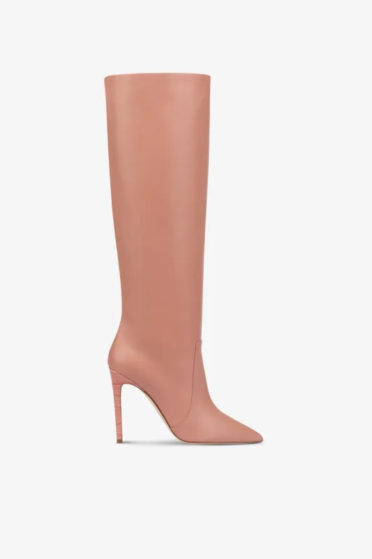 Pointed knee-high boots in smooth Texas pink leather sold by Paris Texas