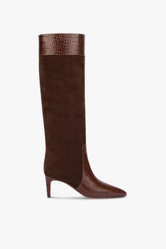 Long, pointed boots in chocolate and pepper croco-embossed and suede sold by Paris Texas