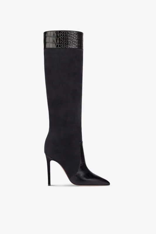 Pointed boots in black and off-black suede and soft croco-embossed leather sold by Paris Texas