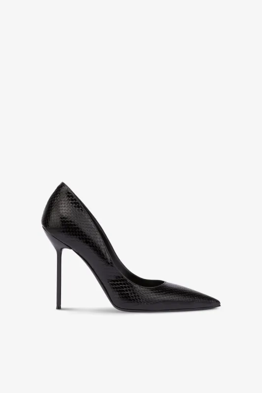 Pointed pumps in black mono python-printed soft leather sold by Paris Texas