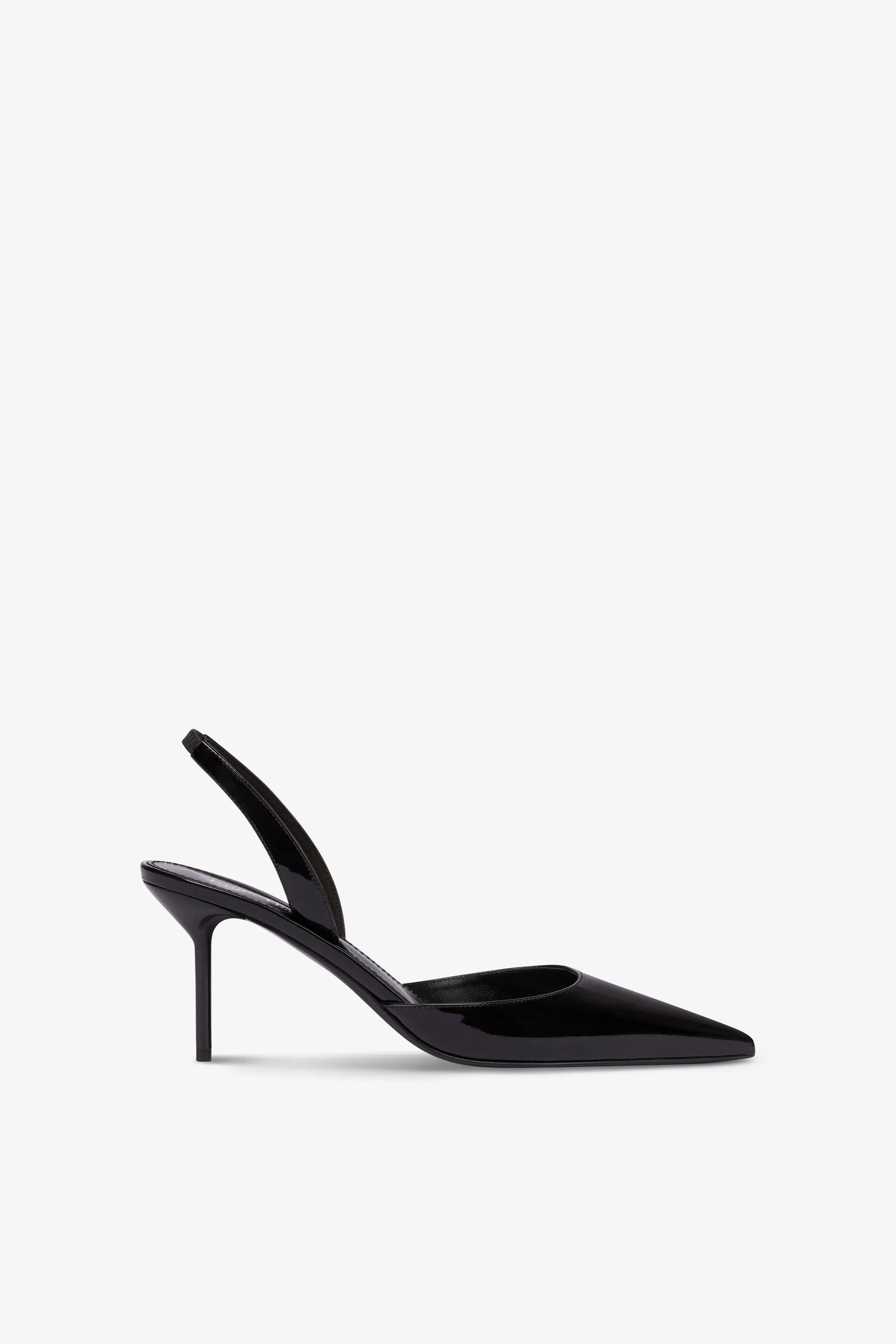 Long, pointed slingbacks in patent black leather sold by Paris Texas