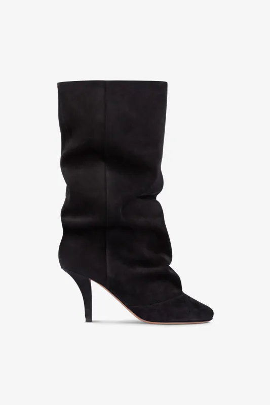 Mid-calf boots in soft off-black suede leather sold by Paris Texas