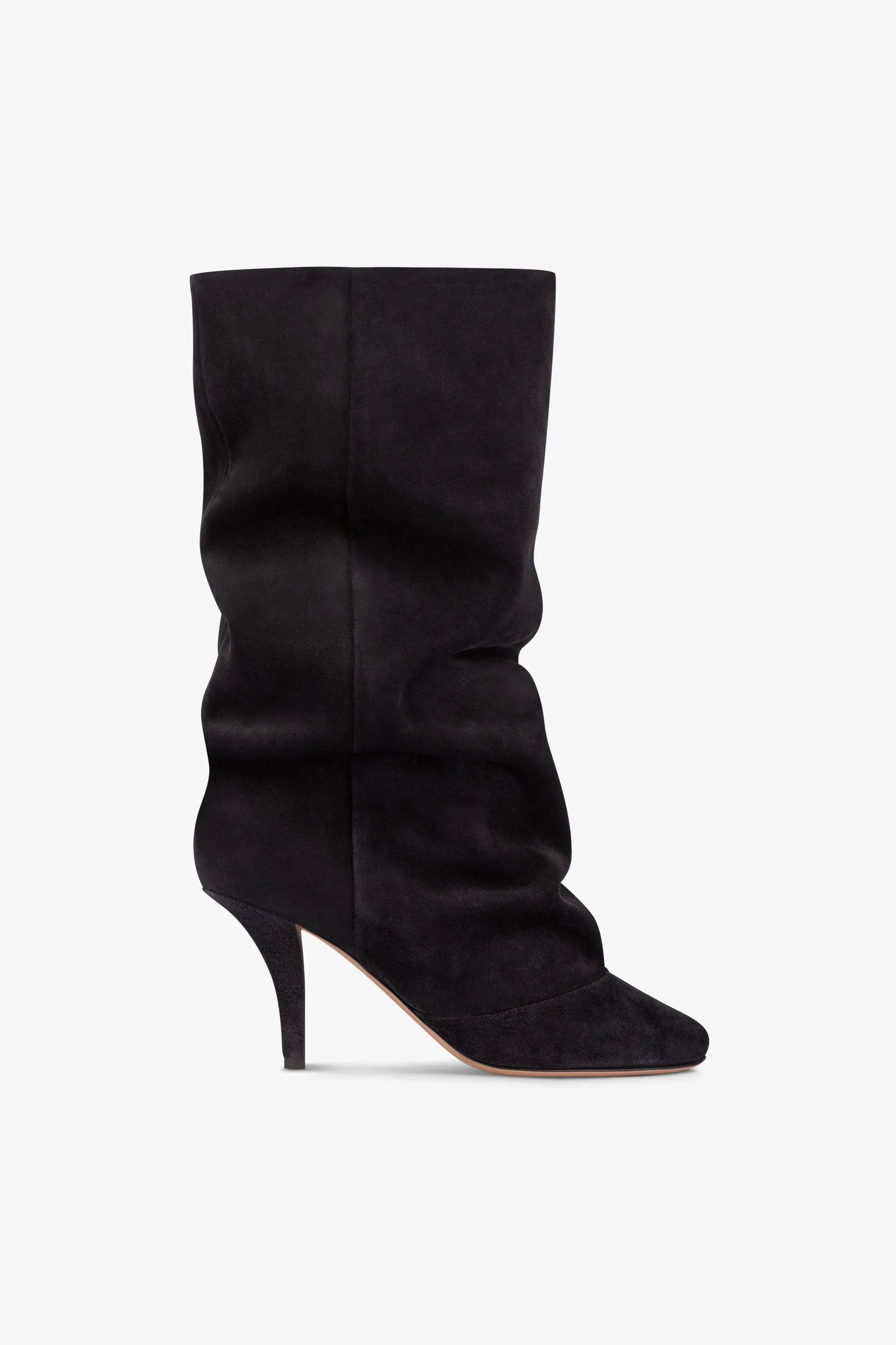 Mid-calf boots in soft off-black suede leather sold by Paris Texas