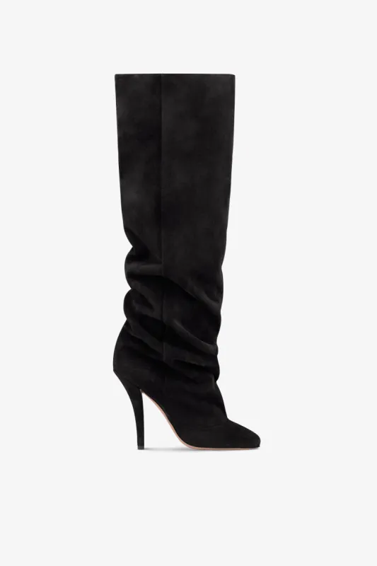 Knee-high boots in soft off-black suede leather sold by Paris Texas