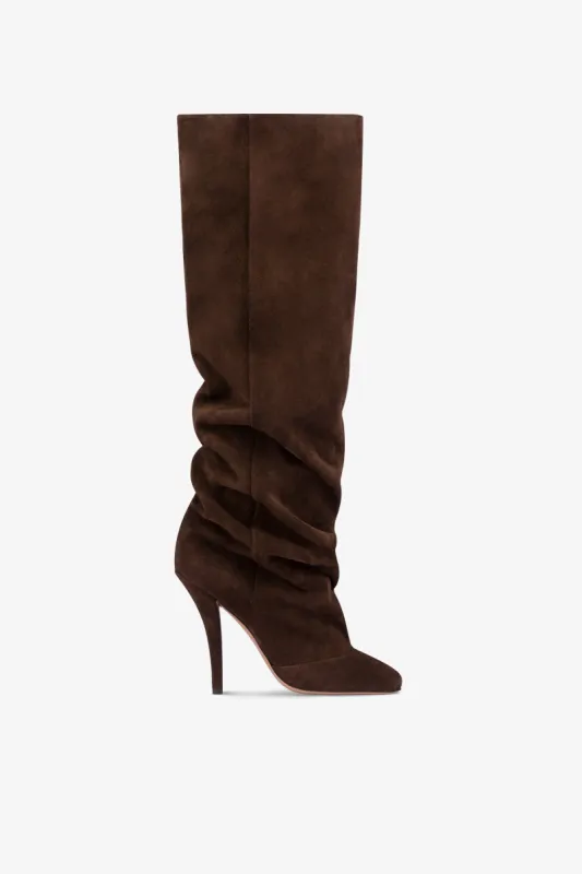 Knee-high boots in soft pepper suede leather sold by Paris Texas