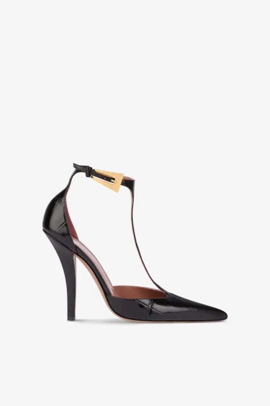 Sharp, pointed T-strap pumps in black soft croco-embossed leather sold by Paris Texas