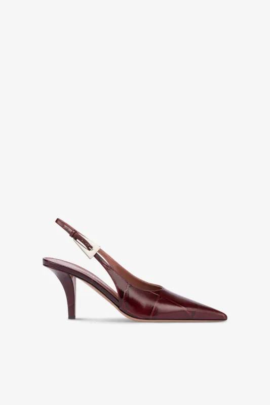 Sharp, pointed slingback pumps in hevea soft croco-embossed leather sold by Paris Texas
