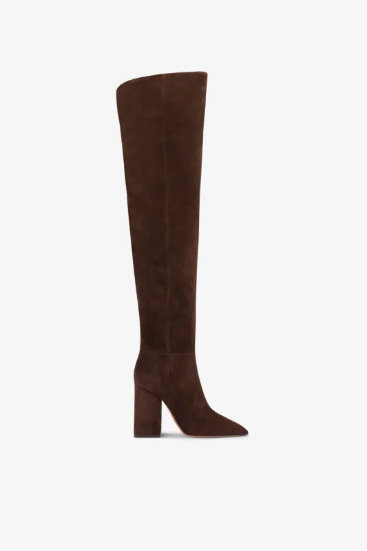 Over-the-knee, long pointed boots in soft pepper suede leather sold by Paris Texas