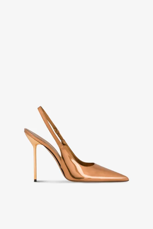 Sharp, pointed slingbacks in bronze mirror-effect leather sold by Paris Texas