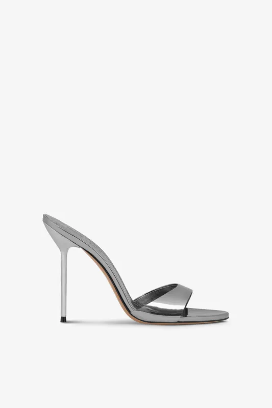 Almond-toe mules in gunmetal mirror-effect leather sold by Paris Texas