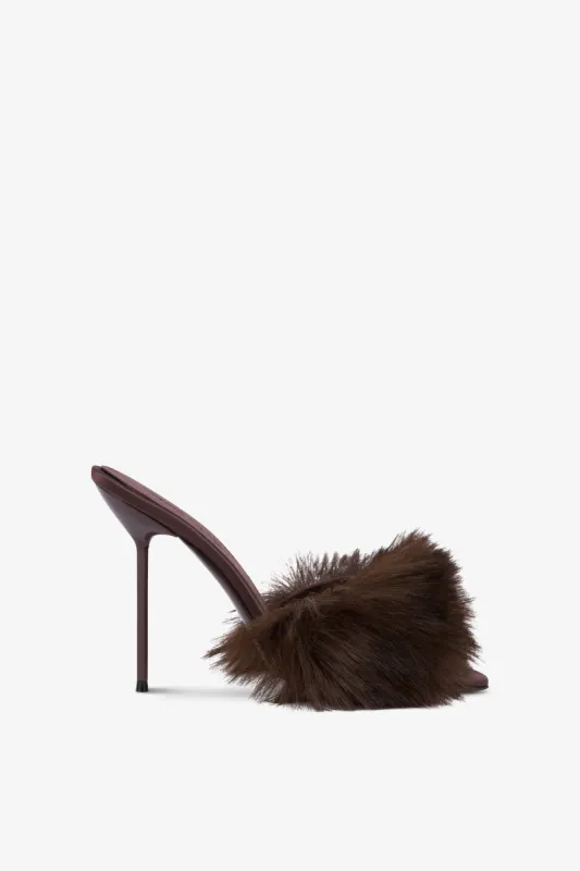 Mules in brown satin and faux fur sold by Paris Texas