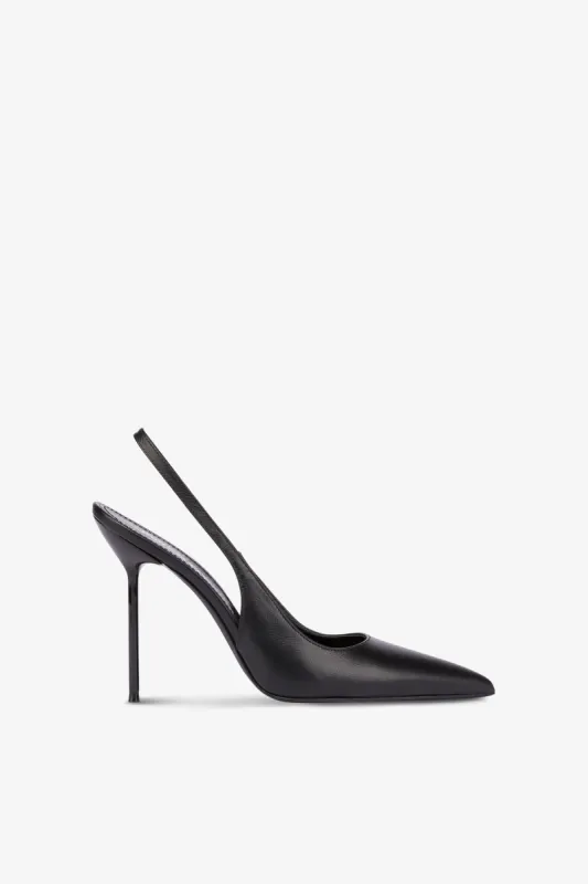Sharp, pointed slingbacks in smooth black leather sold by Paris Texas