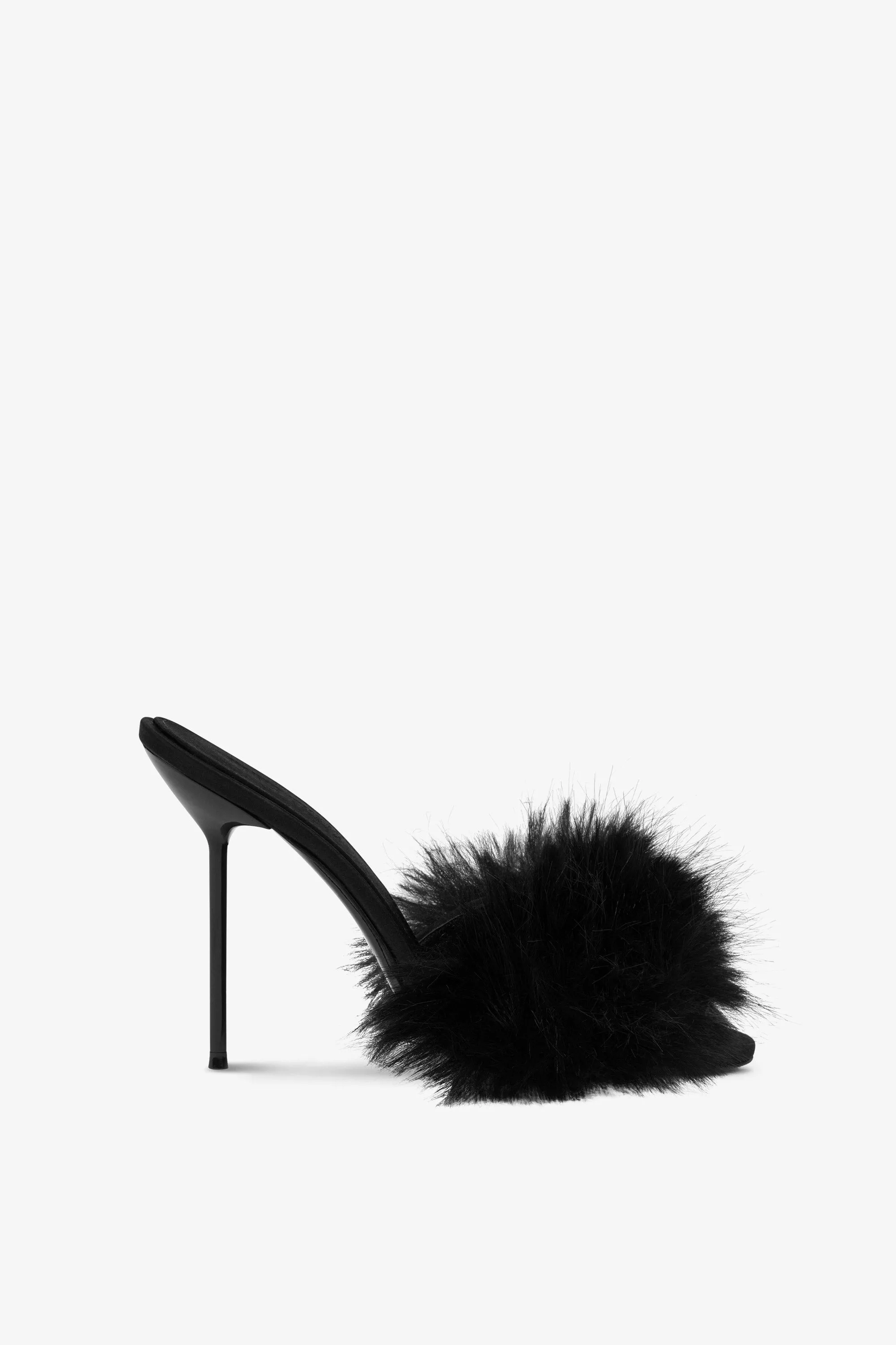 Mules in black satin and faux fur sold by Paris Texas