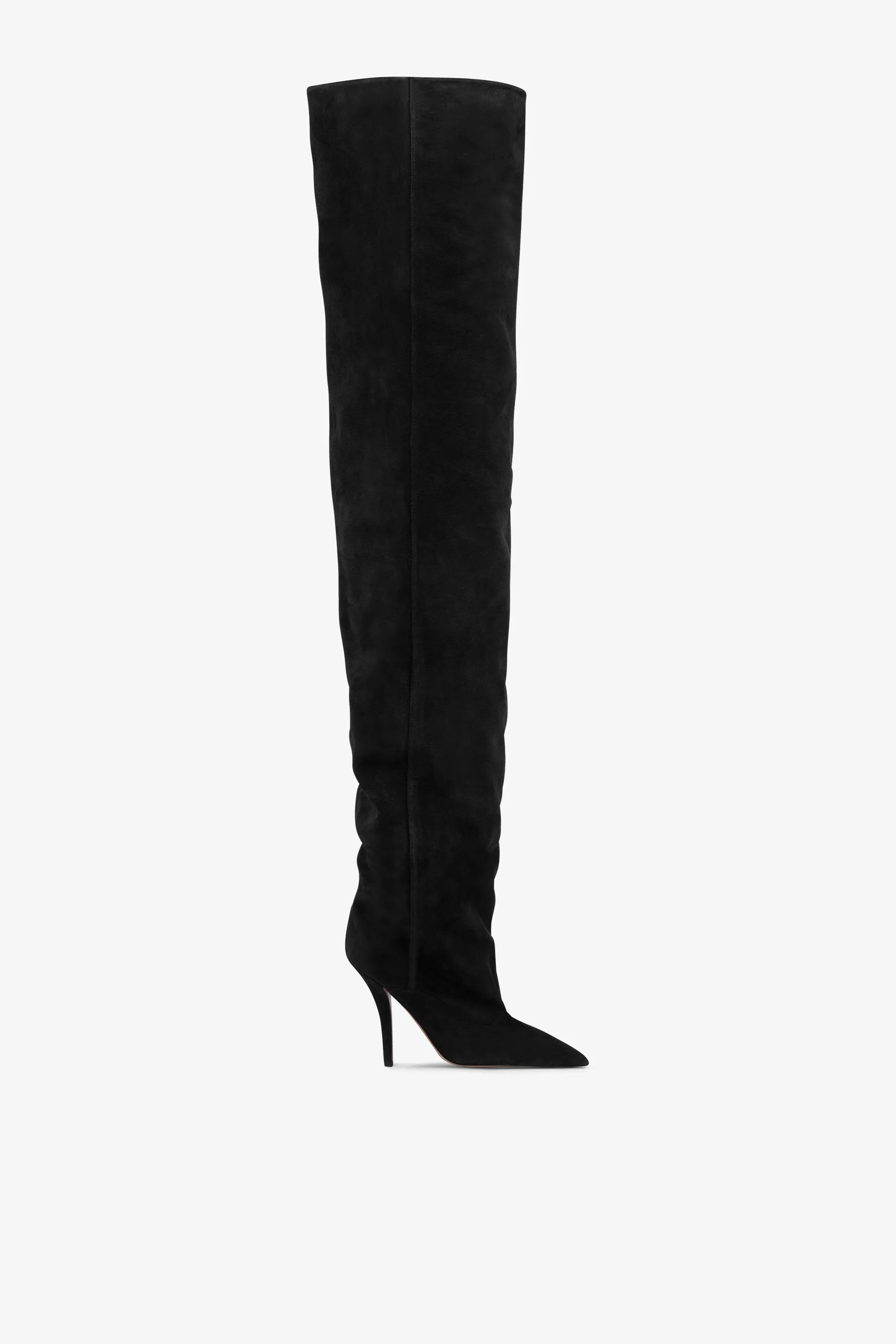 Over-the-knee boots in off-black suede leather sold by Paris Texas