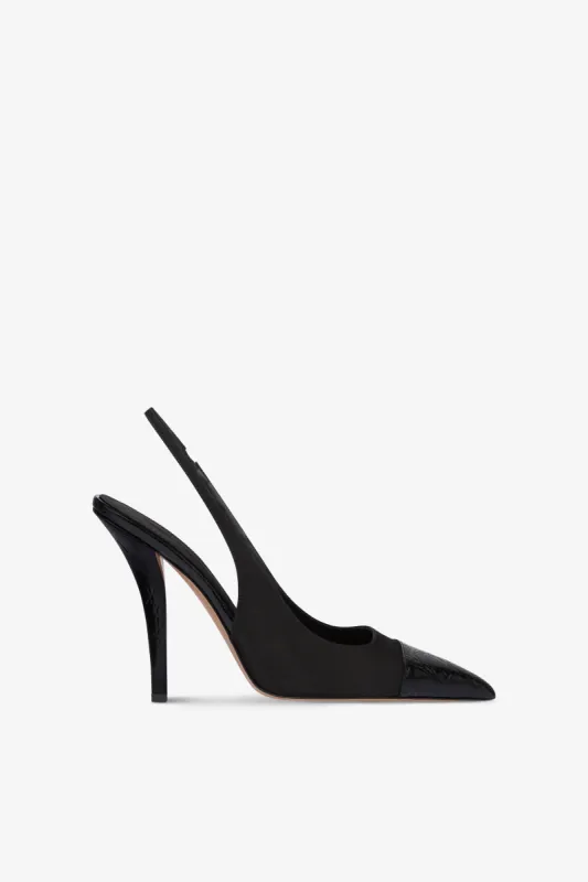 Slingbacks in black satin and black croco-embossed leather sold by Paris Texas