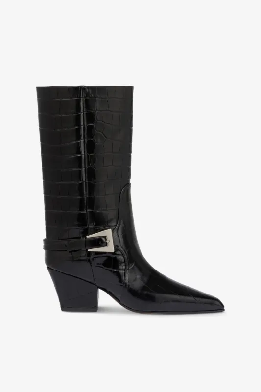 Boots in black croco-embossed leather sold by Paris Texas