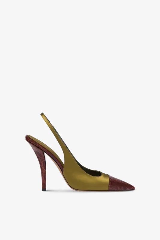 Slingbacks in oil-colored satin and chocolate croco-embossed leather sold by Paris Texas
