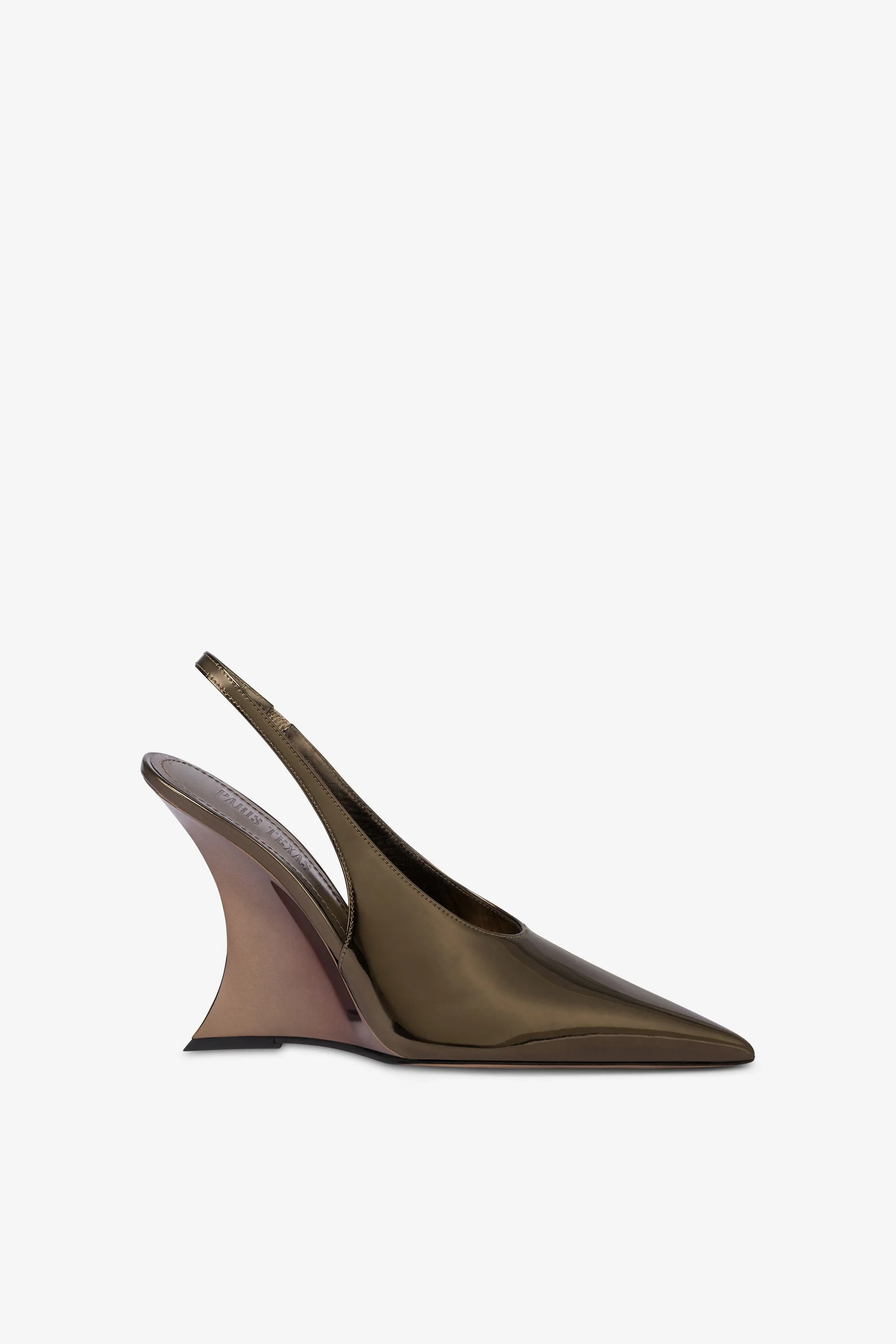 Slingbacks in safari-colored mirror-effect leather sold by Paris Texas
