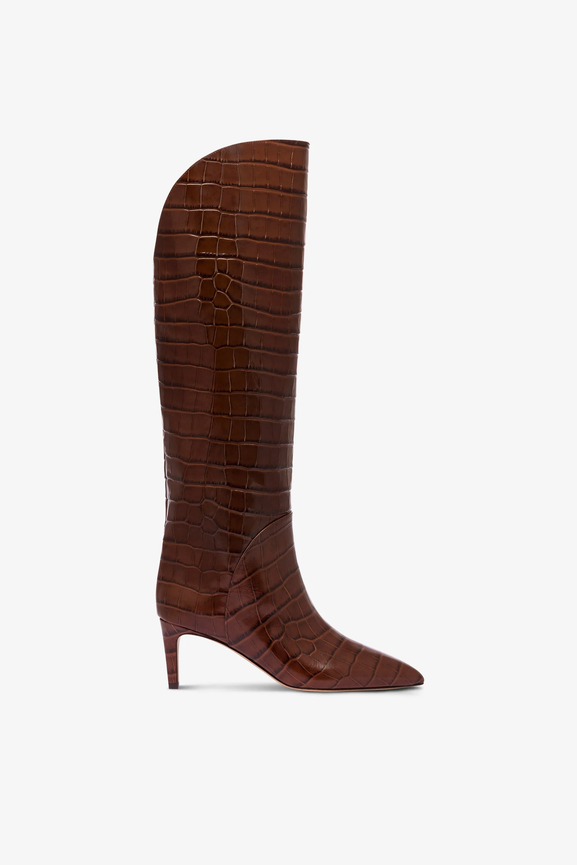 Boots in chocolate croco-embossed leather sold by Paris Texas