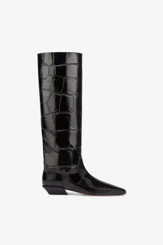 Knee-high boots in black maxi croco-embossed leather sold by Paris Texas