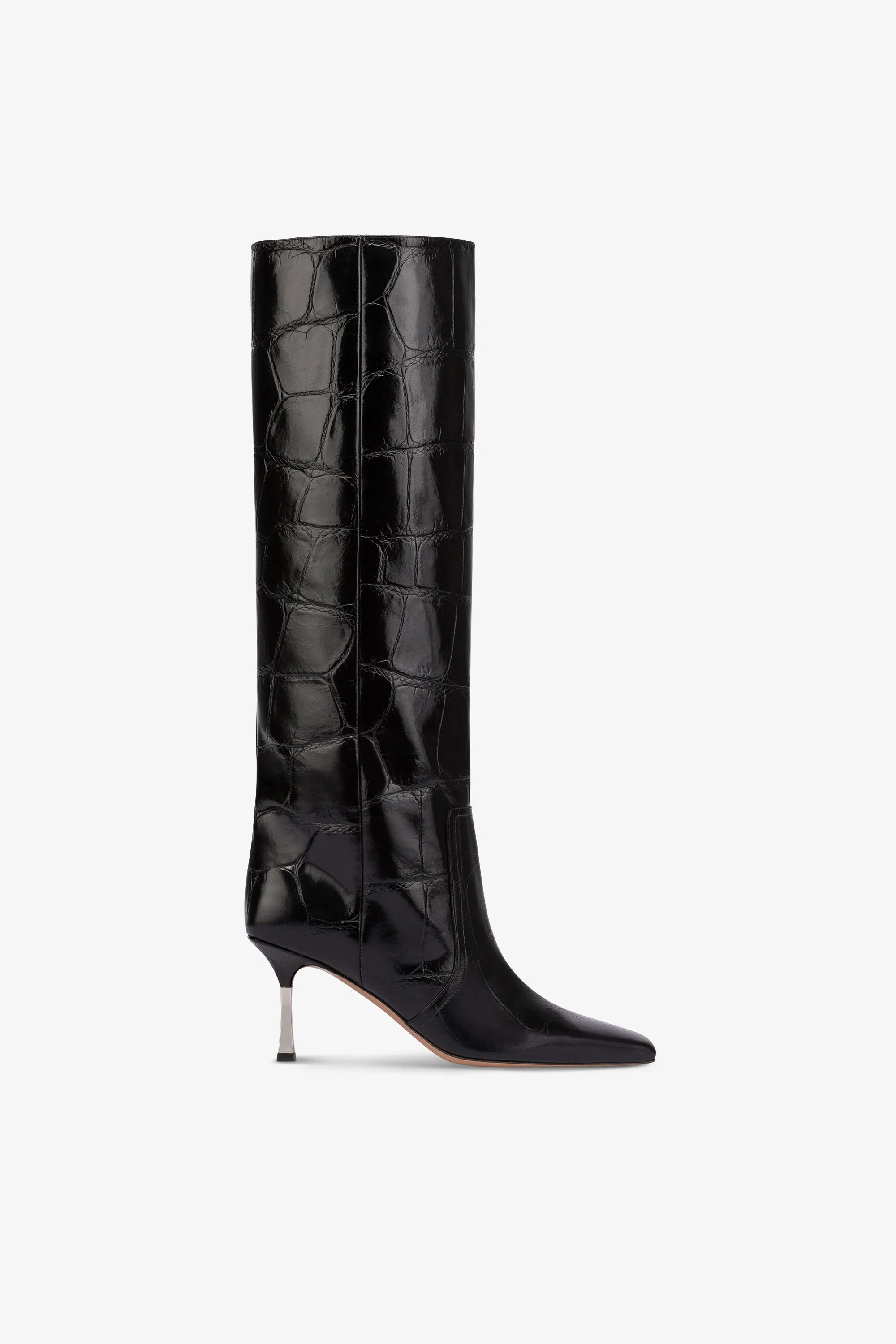 Long, pointed boots in black maxi soft croco-embossed leather sold by Paris Texas
